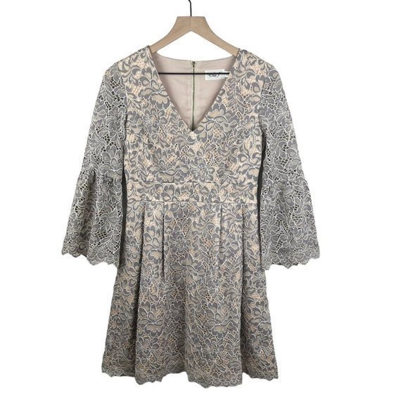 Eliza J Womens Gray Tan Floral Lace Bell Sleeve Fit And Flare Dress Size 2 - Picture 2 of 8